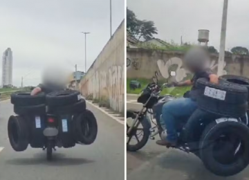 Motociclista é flagrado transportando quase 10 pneus em avenida movimentada de Goiás