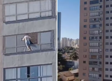 Mulher é flagrada limpando janela no 10º andar em Goiânia