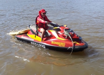 Iguana sobe em barco dos bombeiros e é levada para área segura no Rio Araguaia 