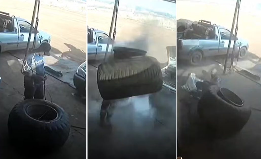 Explosão de pneu assusta borracheiro em Porteirão, mas ninguém se feriu