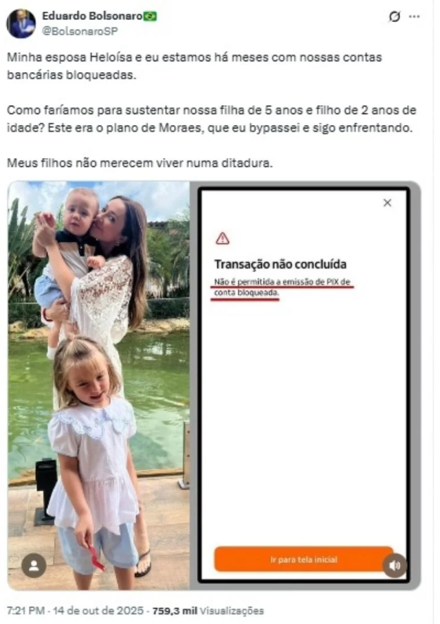 Vivendo nos EUA, Eduardo Bolsonaro lamenta contas bloqueadas: 'Ditadura'