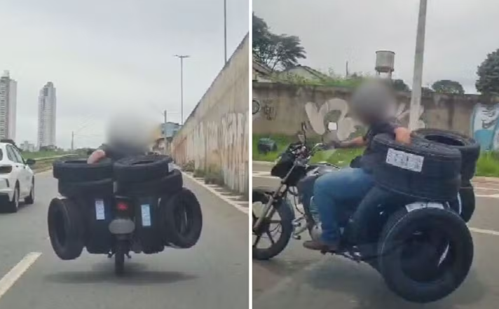 Motociclista é flagrado transportando quase 10 pneus em avenida movimentada de Goiás