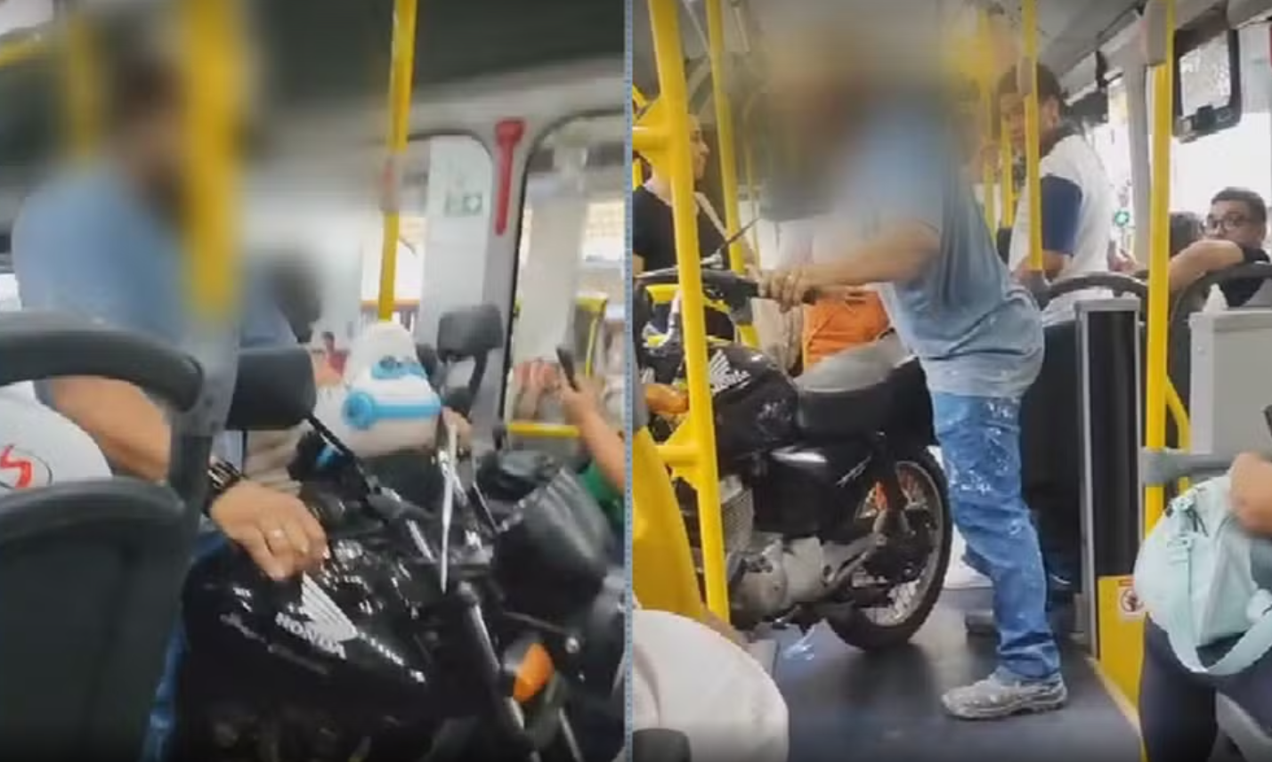 Passageiro entra em ônibus de Goiânia carregando moto