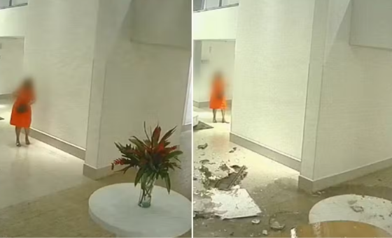 Vídeo mostra lustre despencando com parte do teto em condomínio de Goiânia