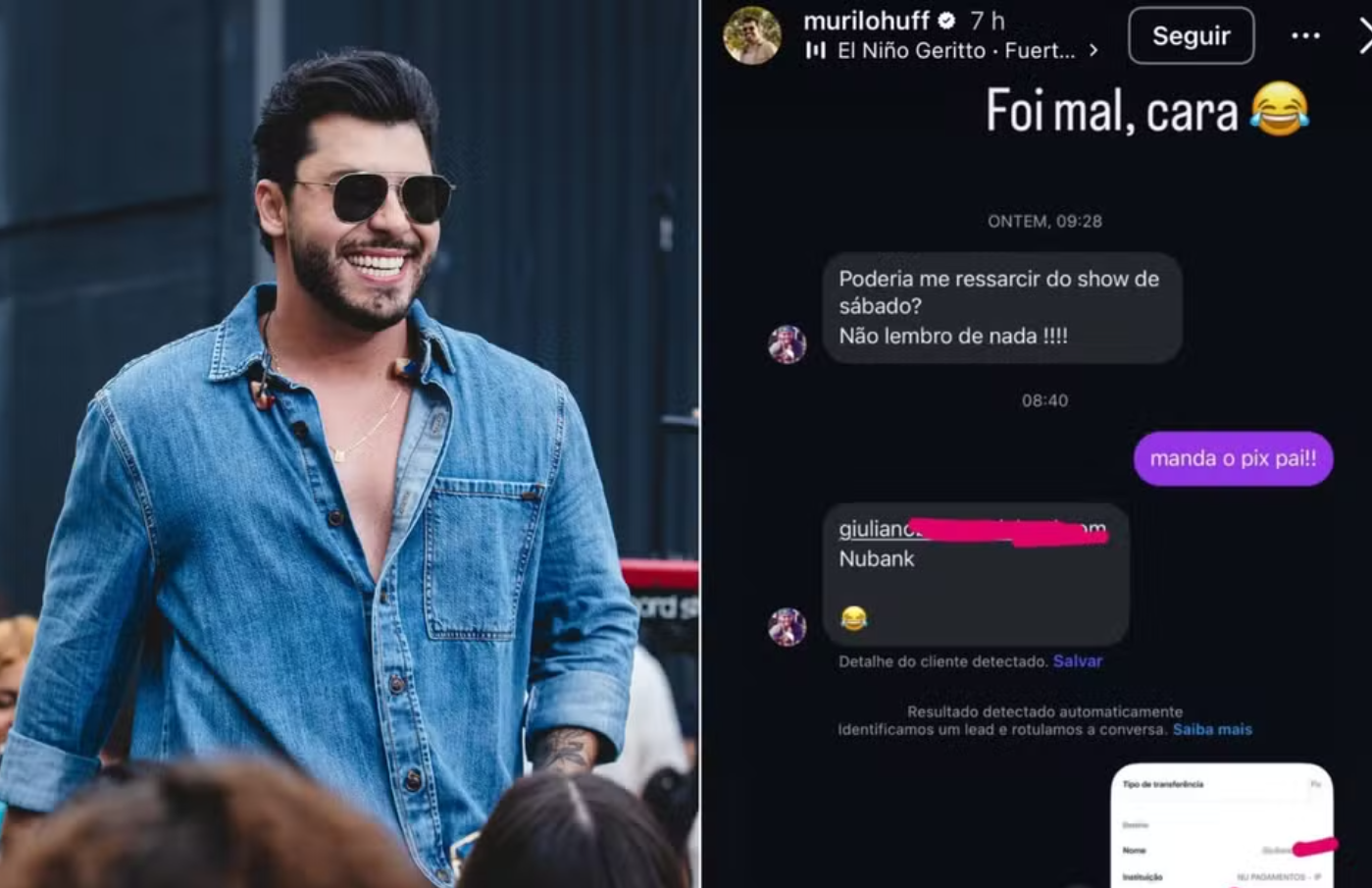 Fã pede Pix a Murilo Huff por não lembrar de show e cantor paga