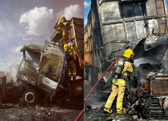 Carreta carregada com bagaço de cana pega fogo na BR-452, em Rio Verde