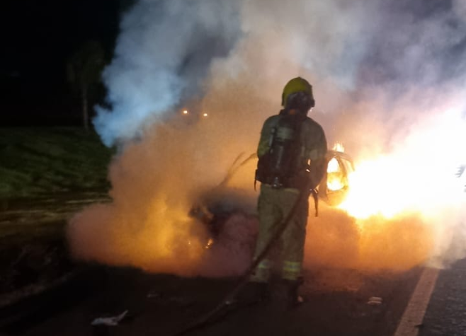 Carro que levava família pega fogo na BR-060, em Rio Verde