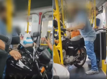 Passageiro entra em ônibus de Goiânia carregando moto