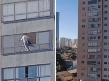 Mulher é flagrada limpando janela no 10º andar em Goiânia