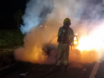 Carro que levava família pega fogo na BR-060, em Rio Verde