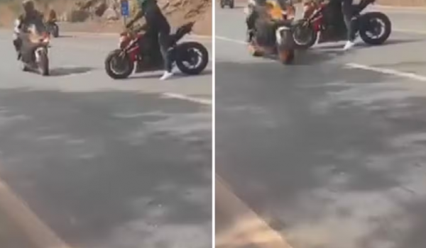 Motociclista quase atinge outra moto durante racha na BR-414 em Corumbá de Goiás 