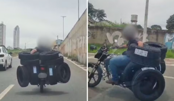 Motociclista é flagrado transportando quase 10 pneus em avenida movimentada de Goiás