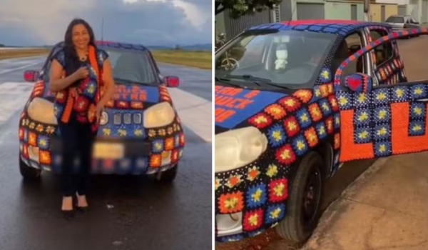 Artesã viraliza ao cobrir carro com crochê 