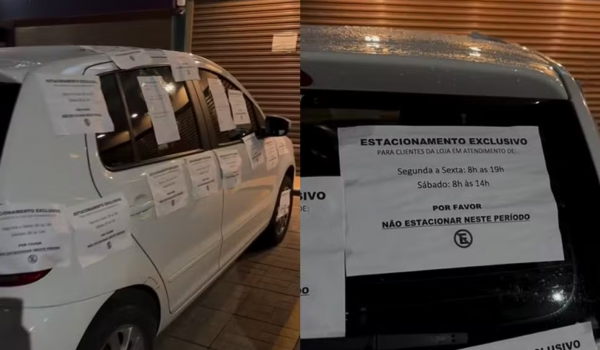 Carro é coberto por recados após parar em vaga de loja