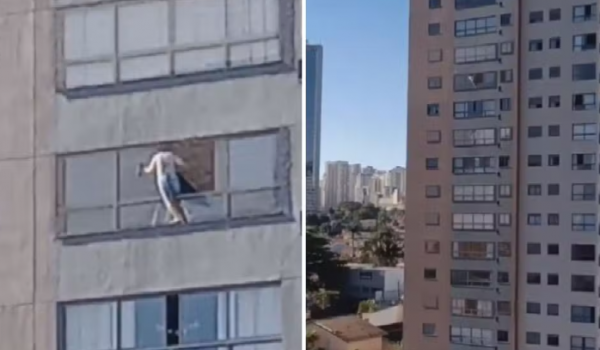 Mulher é flagrada limpando janela no 10º andar em Goiânia