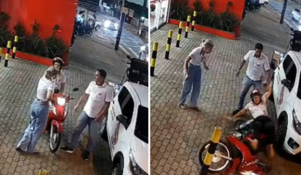 Vendedora cai de moto após colega acelerar veículo em loja de Itaberaí; vídeo viraliza