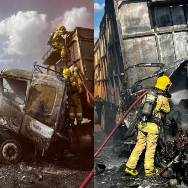 Carreta carregada com bagaço de cana pega fogo na BR-452, em Rio Verde